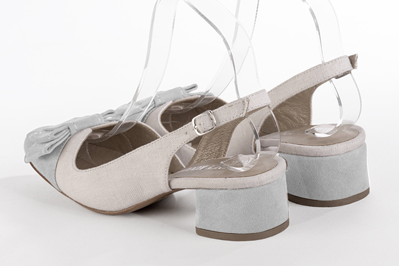 Pearl grey and pure white women's open back shoes, with a knot. Round toe. Low flare heels. Rear view - Florence KOOIJMAN